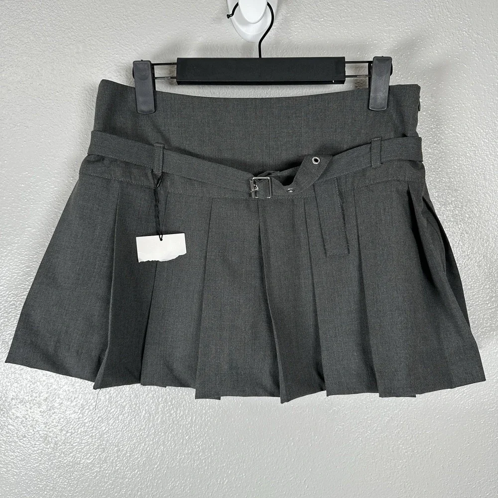 NEW Zara Pleated Mini Micro Skirt Womens Small‎ Gray Belted Skort Preppy School